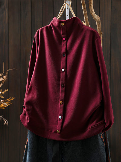 Women Autumn Pure Color Cotton Half-Turtleneck Blouse