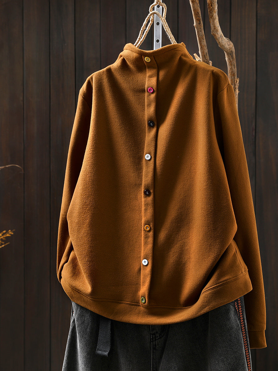 Women Autumn Pure Color Cotton Half-Turtleneck Blouse