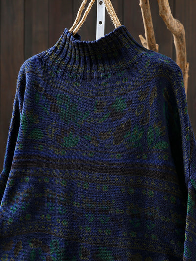 Women Autumn Vintage Flower Half-Turtleneck Sweater