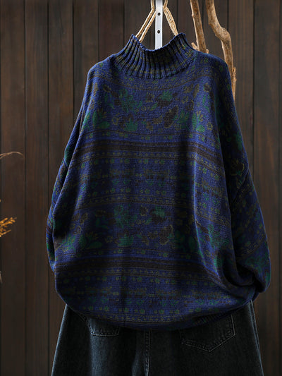 Women Autumn Vintage Flower Half-Turtleneck Sweater