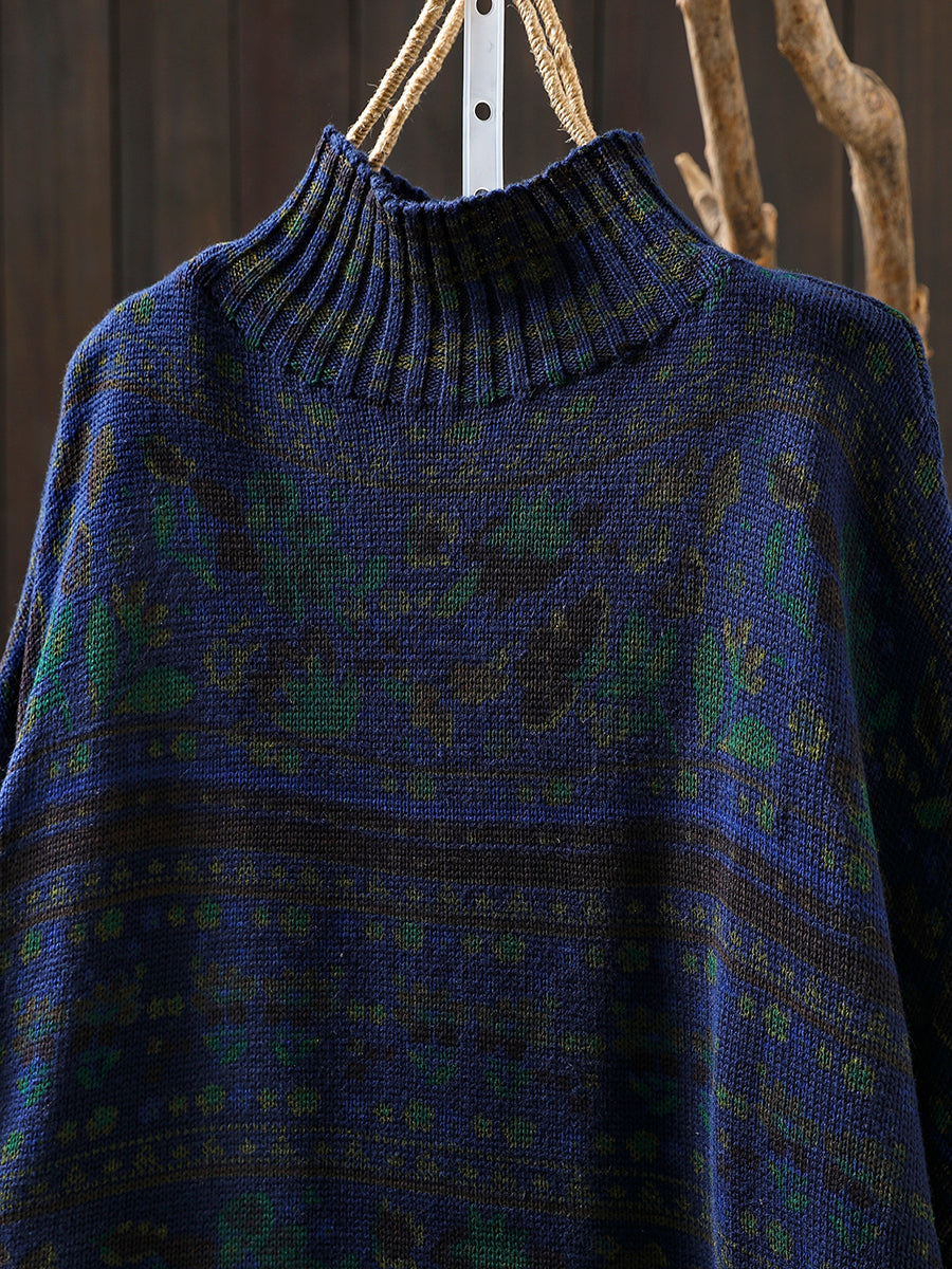 Women Autumn Vintage Flower Half-Turtleneck Sweater