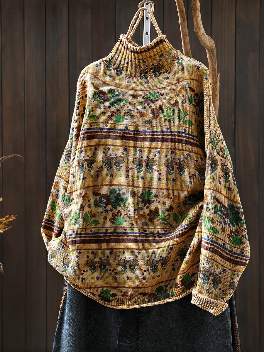 Women Autumn Vintage Flower Half-Turtleneck Sweater