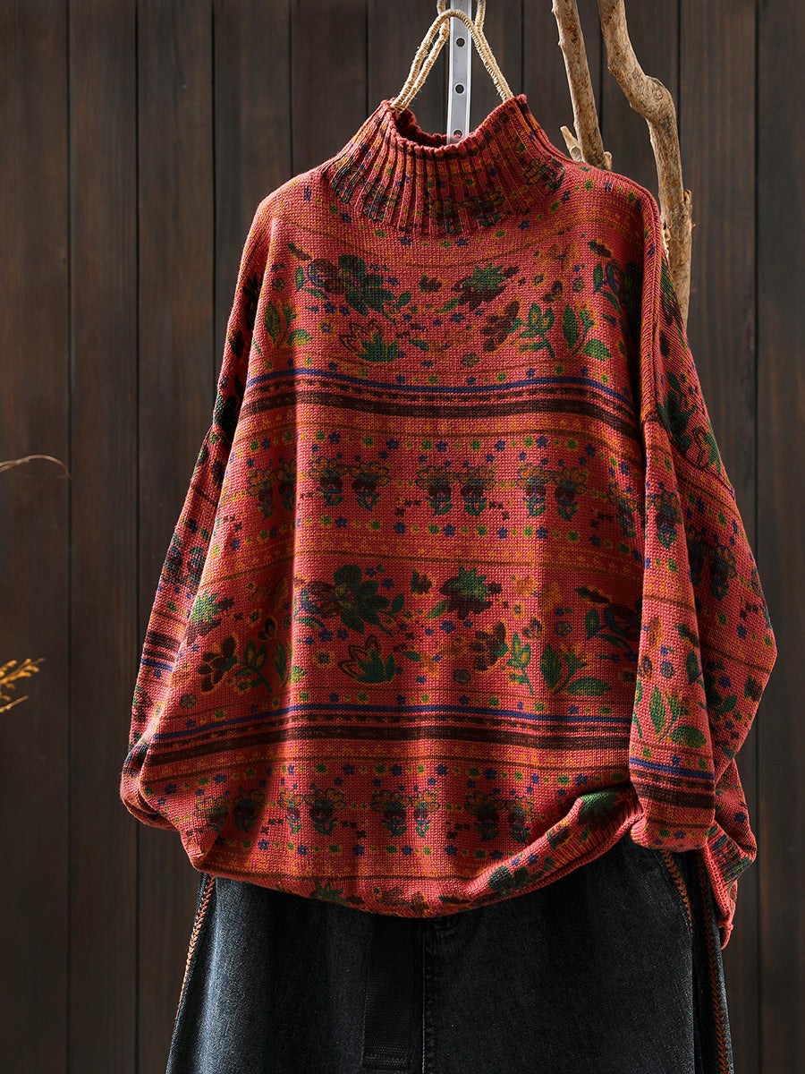 Women Autumn Vintage Flower Half-Turtleneck Sweater