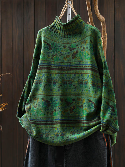 Women Autumn Vintage Flower Half-Turtleneck Sweater