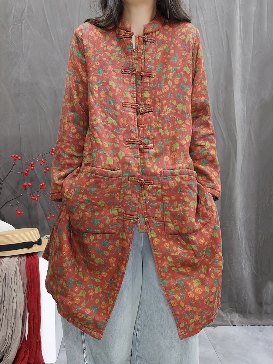 Women Winter Flower Stand Collar Cotton Padded Jacket