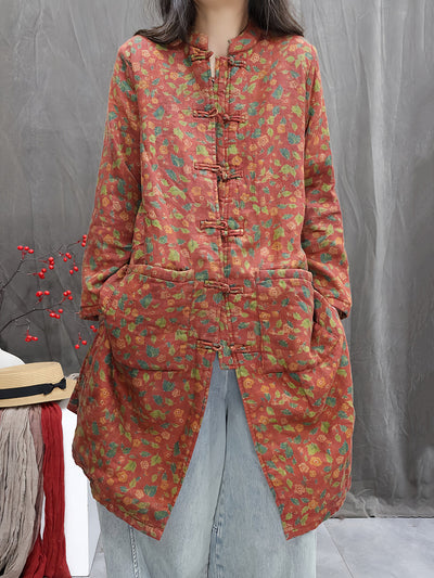 Women Winter Flower Stand Collar Cotton Padded Jacket