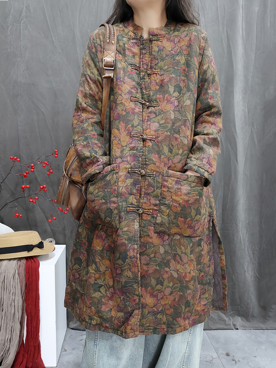 Women Winter Flower Stand Collar Cotton Padded Jacket