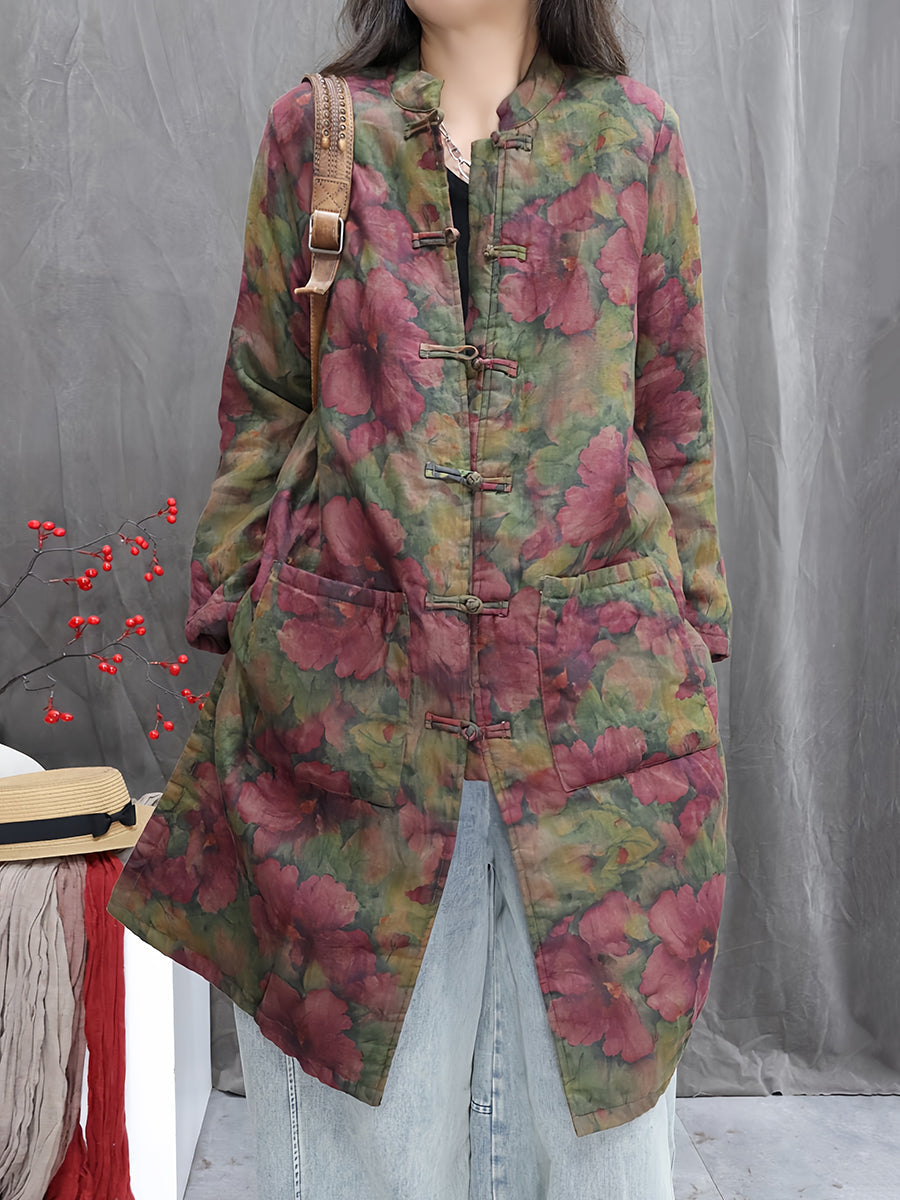 Women Winter Flower Stand Collar Cotton Padded Jacket