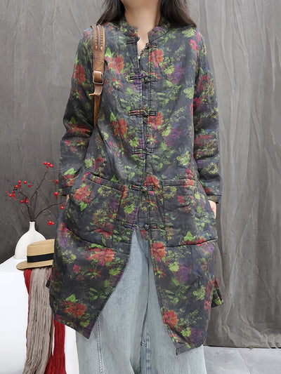 Women Winter Flower Stand Collar Cotton Padded Jacket