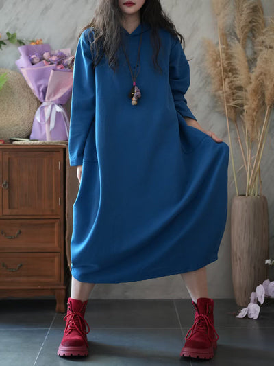 Women Autumn Casual Pure Color Hooded 100%Cotton Dress