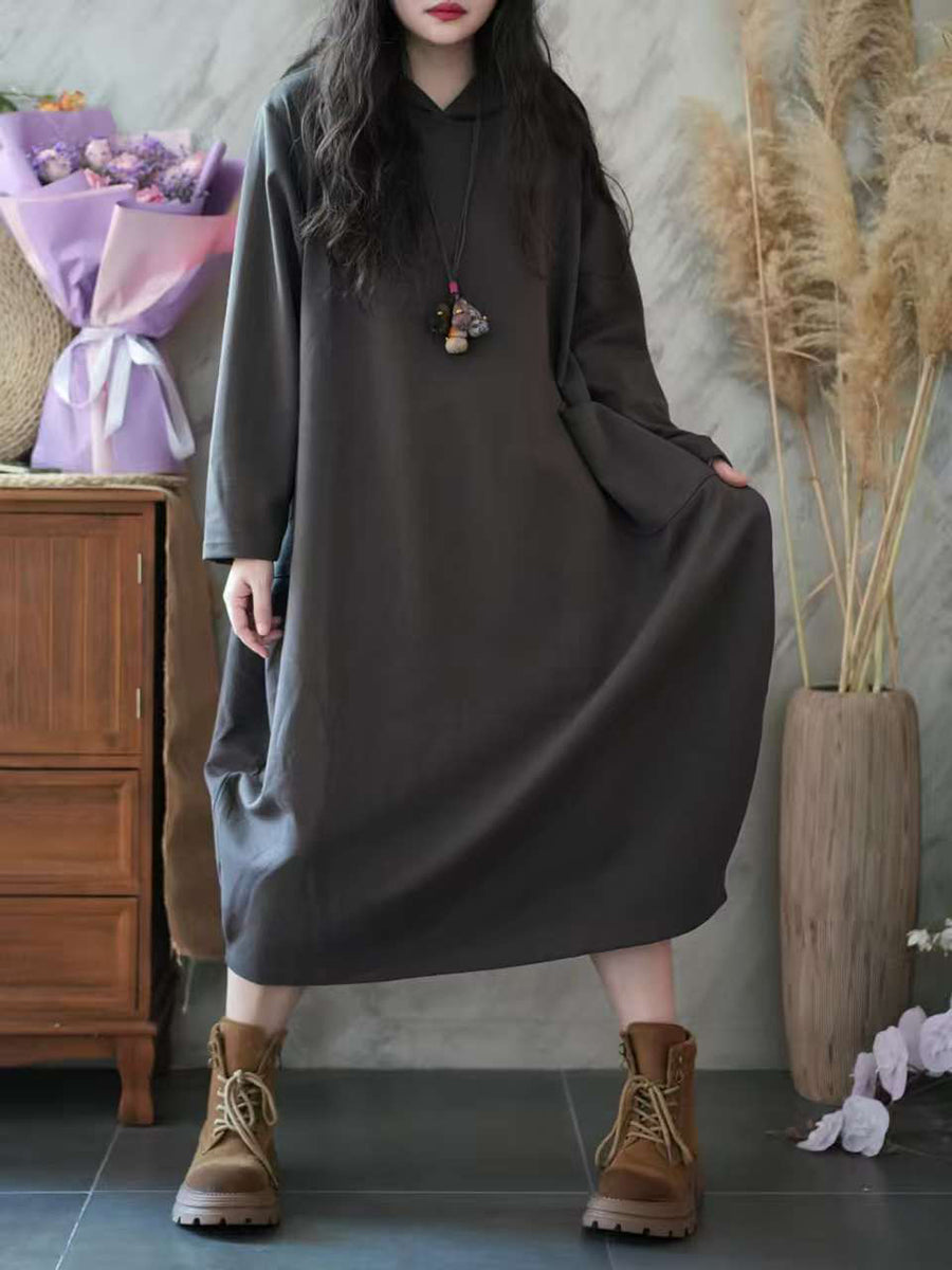 Women Autumn Casual Pure Color Hooded 100%Cotton Dress