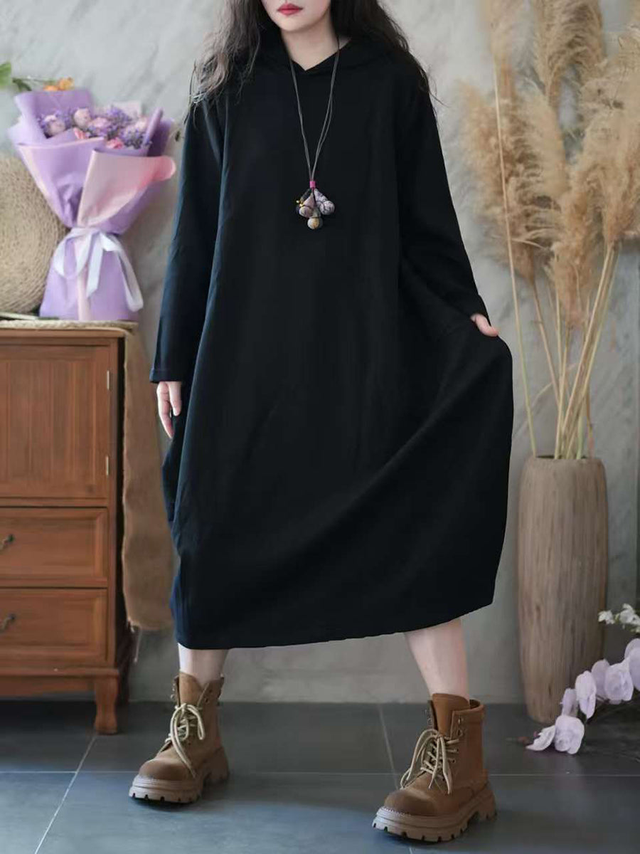 Women Autumn Casual Pure Color Hooded 100%Cotton Dress