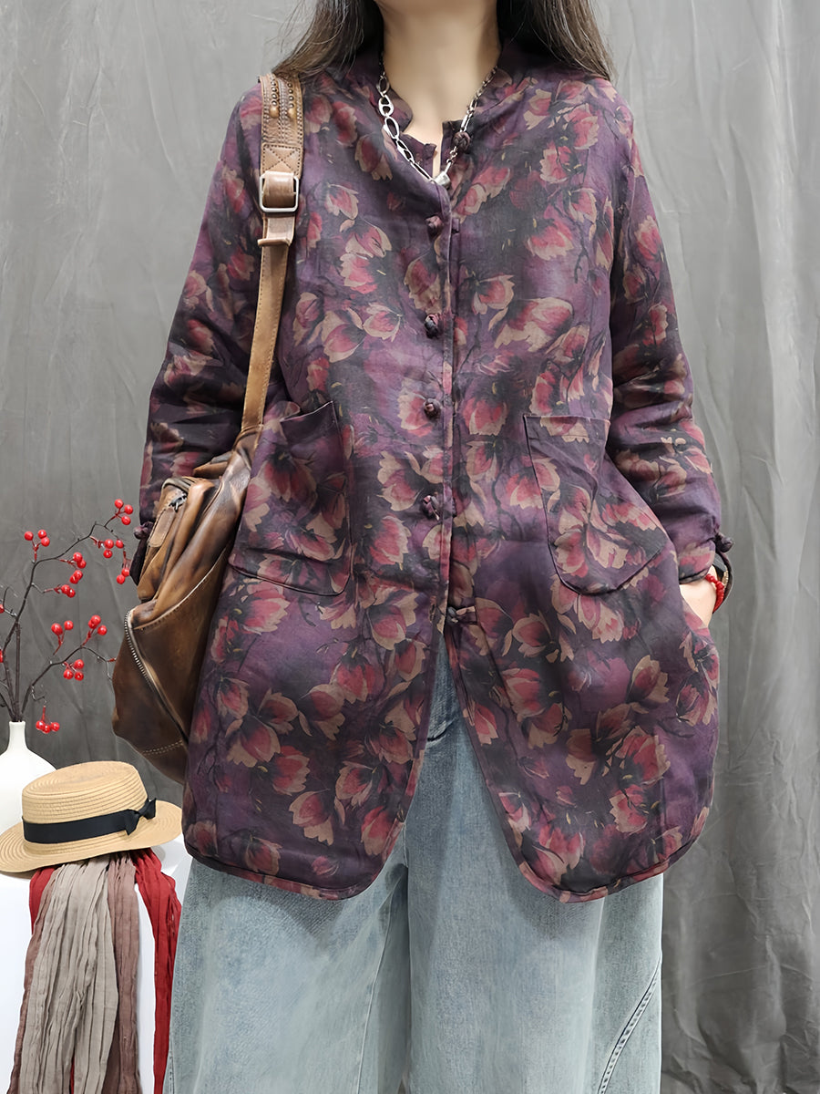 Women Winter Vintage Flower Stand Collar Padded Coat