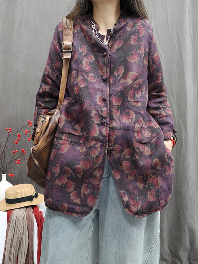 Women Winter Vintage Flower Stand Collar Padded Coat