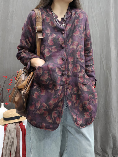 Women Winter Vintage Flower Stand Collar Padded Coat