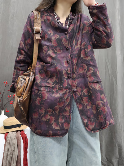 Women Winter Vintage Flower Stand Collar Padded Coat