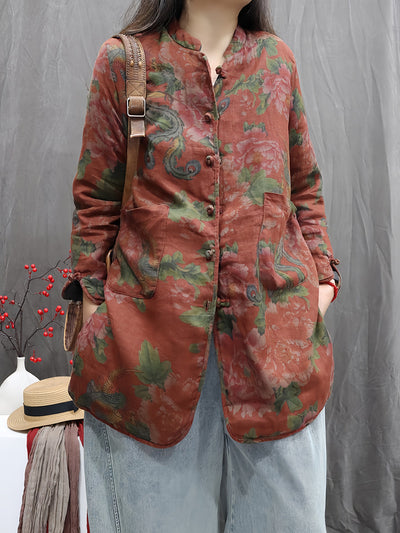 Women Winter Vintage Flower Stand Collar Padded Coat