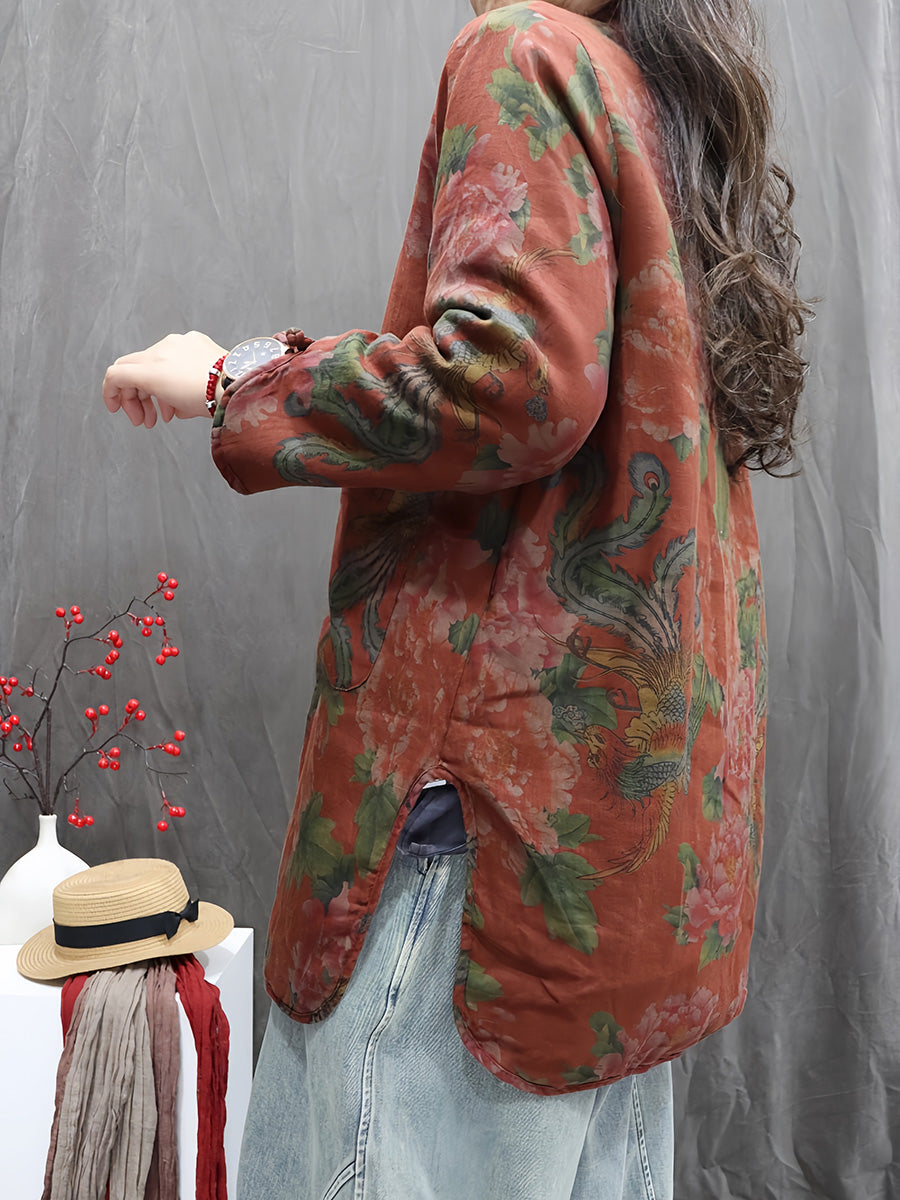 Women Winter Vintage Flower Stand Collar Padded Coat