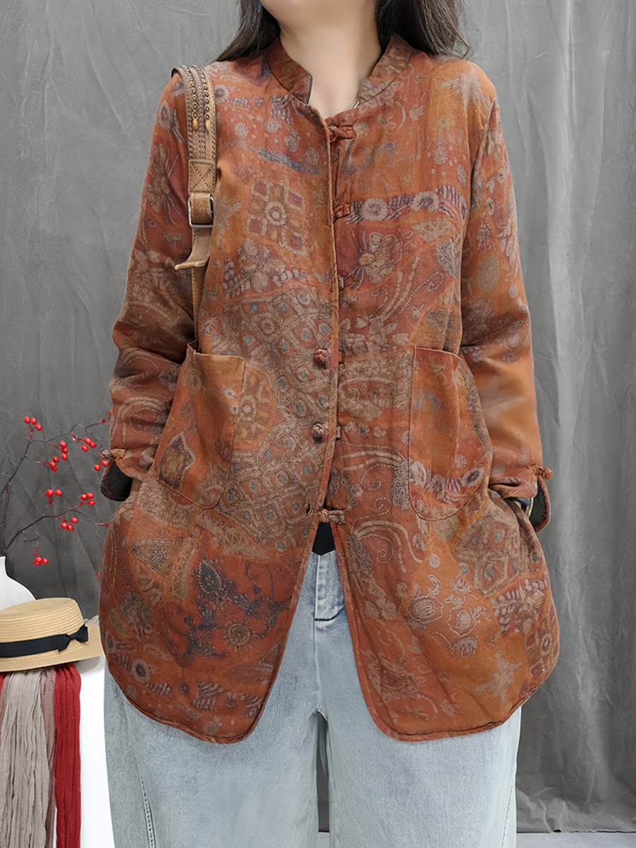 Women Winter Vintage Flower Stand Collar Padded Coat