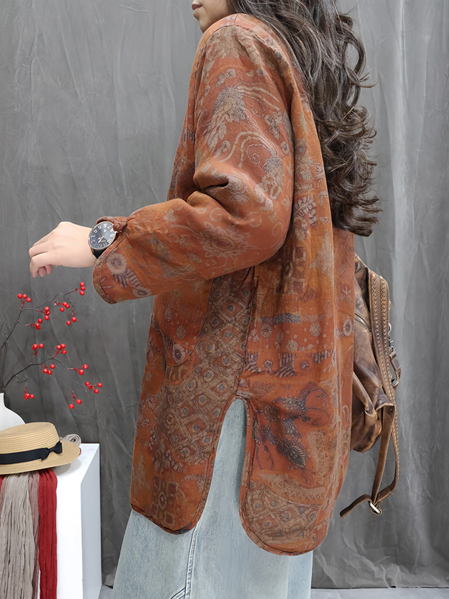 Women Winter Vintage Flower Stand Collar Padded Coat