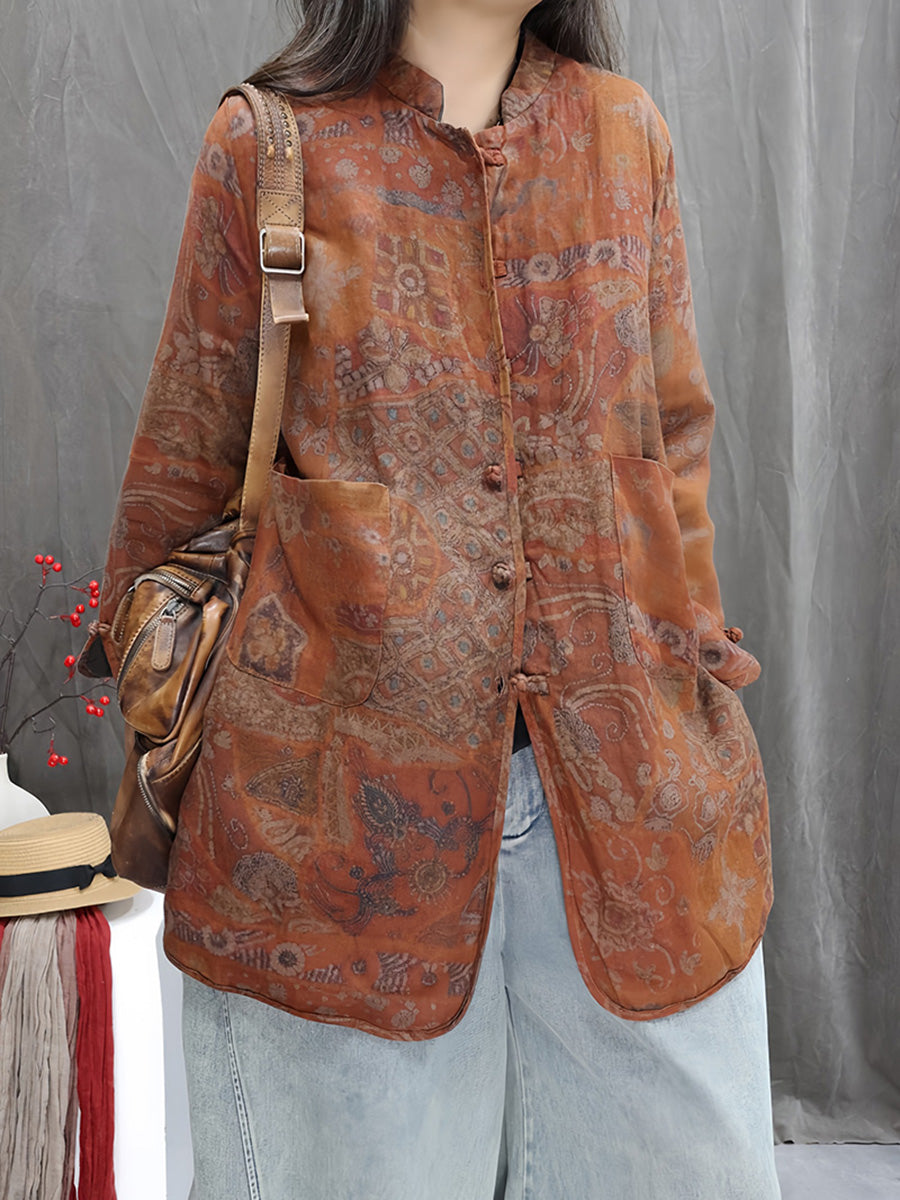 Women Winter Vintage Flower Stand Collar Padded Coat