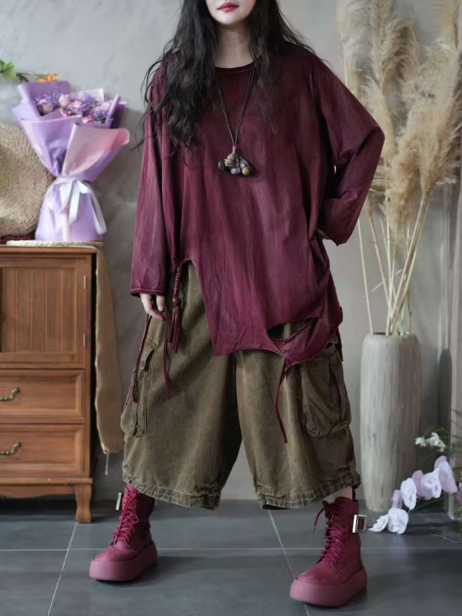 Women Autumn Retro Split Hem 100%Cotton O-Neck Blouse