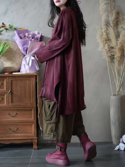 Women Autumn Retro Split Hem 100%Cotton O-Neck Blouse