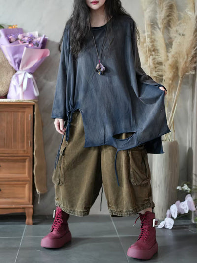 Women Autumn Retro Split Hem 100%Cotton O-Neck Blouse