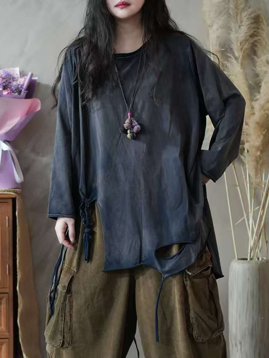 Women Autumn Retro Split Hem 100%Cotton O-Neck Blouse