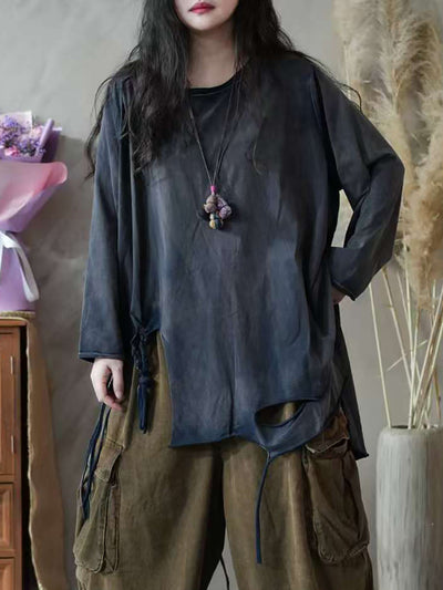 Women Autumn Retro Split Hem 100%Cotton O-Neck Blouse