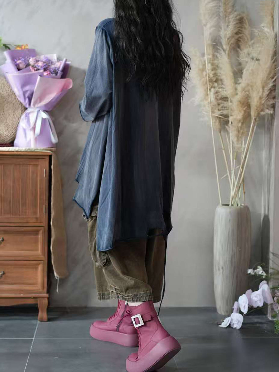 Women Autumn Retro Split Hem 100%Cotton O-Neck Blouse