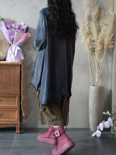 Women Autumn Retro Split Hem 100%Cotton O-Neck Blouse