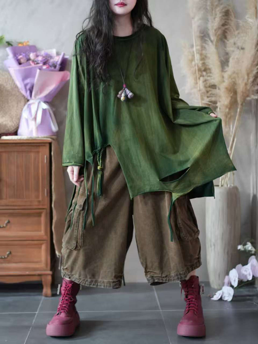 Women Autumn Retro Split Hem 100%Cotton O-Neck Blouse