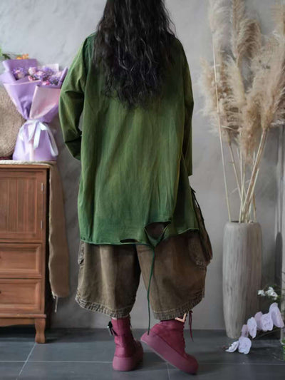 Women Autumn Retro Split Hem 100%Cotton O-Neck Blouse