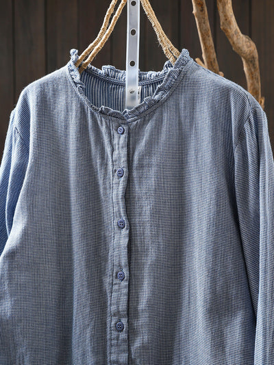 Women Autumn Retro Plaid 100%Cotton Lace Collar Shirt