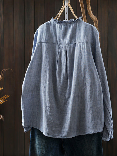 Women Autumn Retro Plaid 100%Cotton Lace Collar Shirt