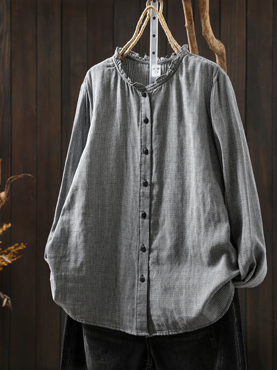 Women Autumn Retro Plaid 100%Cotton Lace Collar Shirt