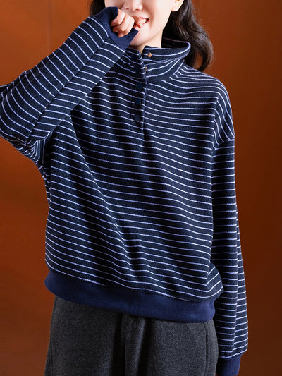 Women Autumn Vintage Stripe Stand Collar Cotton Blouse