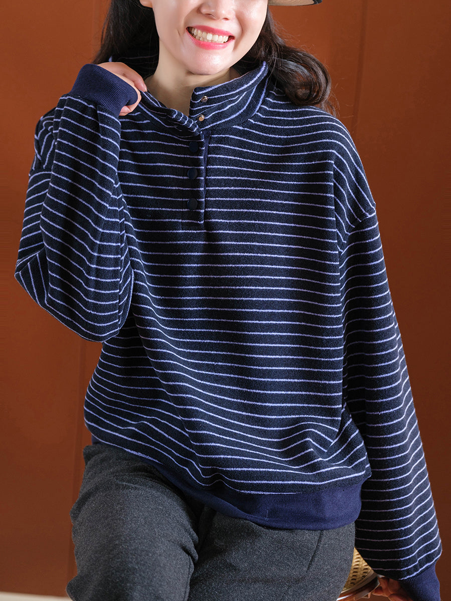 Women Autumn Vintage Stripe Stand Collar Cotton Blouse