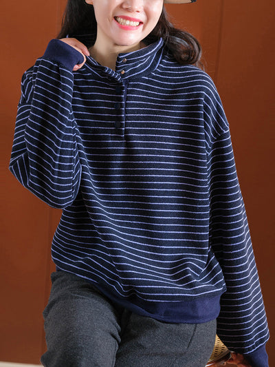 Women Autumn Vintage Stripe Stand Collar Cotton Blouse