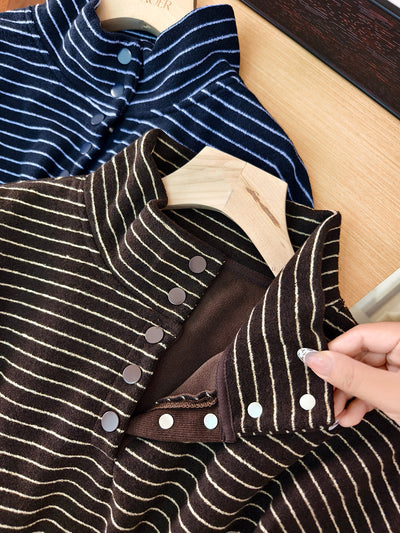 Women Autumn Vintage Stripe Stand Collar Cotton Blouse