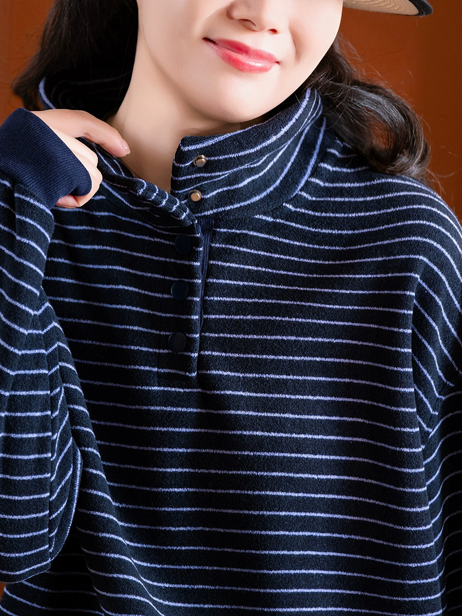 Women Autumn Vintage Stripe Stand Collar Cotton Blouse