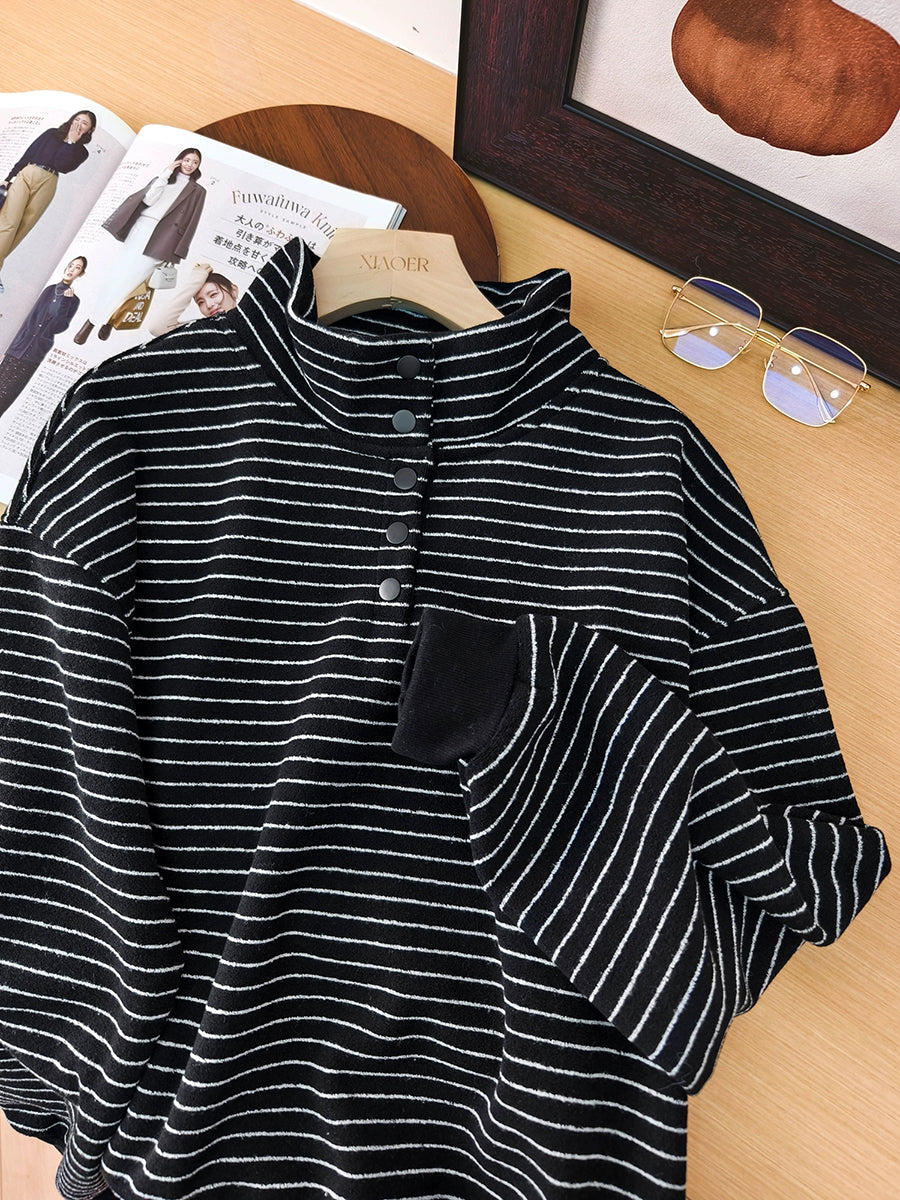Women Autumn Vintage Stripe Stand Collar Cotton Blouse