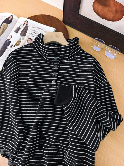 Women Autumn Vintage Stripe Stand Collar Cotton Blouse