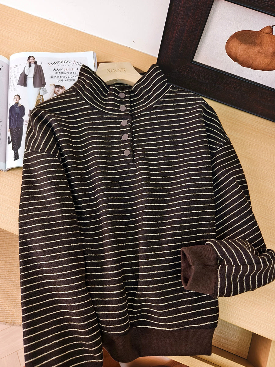 Women Autumn Vintage Stripe Stand Collar Cotton Blouse