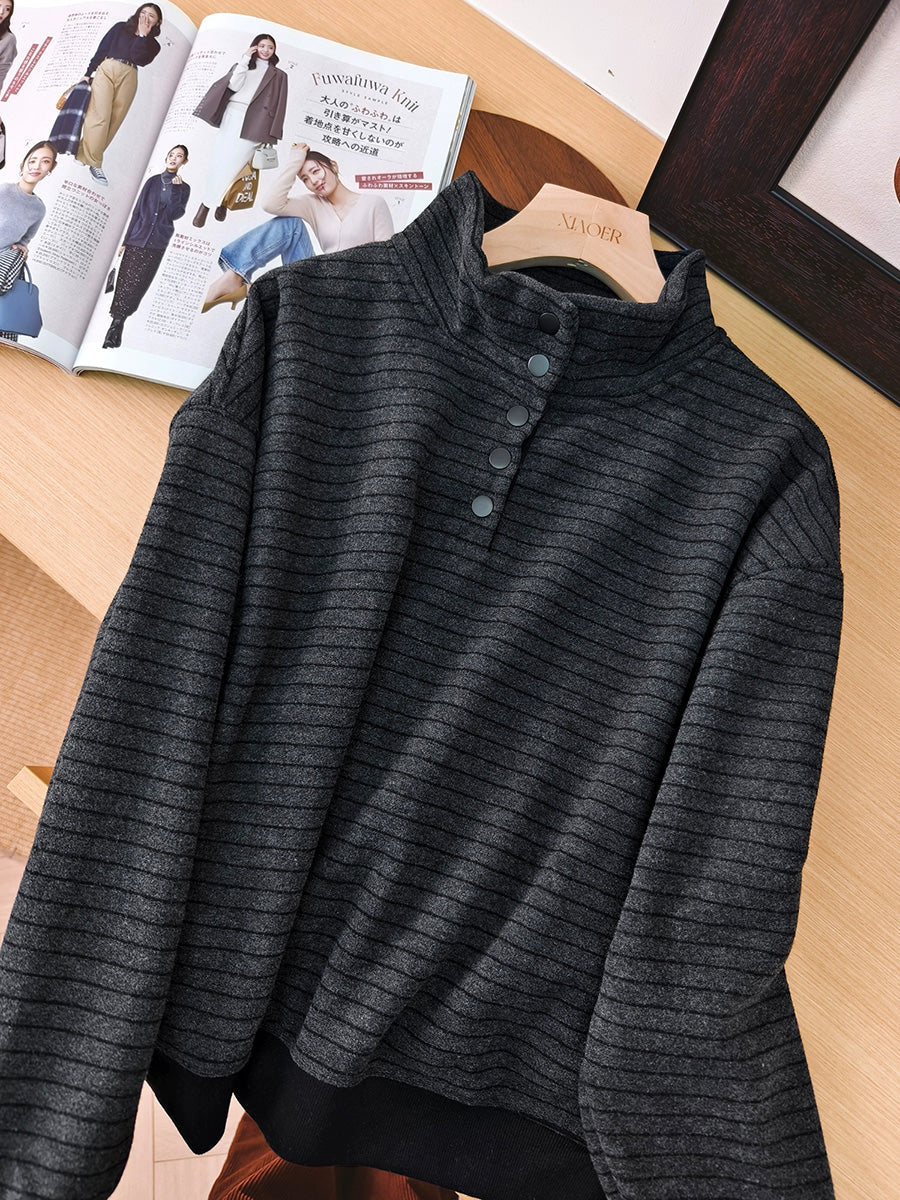 Women Autumn Vintage Stripe Stand Collar Cotton Blouse