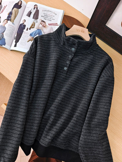 Women Autumn Vintage Stripe Stand Collar Cotton Blouse