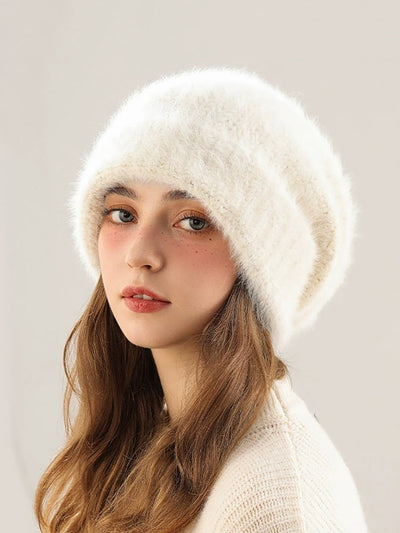 Women Winter Casual Pure Color Rabbit Hair Hat
