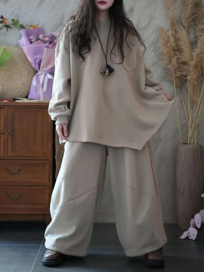 Women Autumn Casual Pure Color Loose Cotton Suits