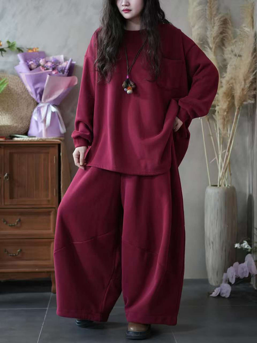 Women Autumn Casual Pure Color Loose Cotton Suits